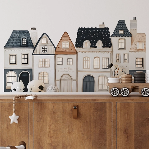Nordic House Wall Stickers For Kids Room PVC European Building Pattern Waterproof Mural Decal Hand Drawn Architecture