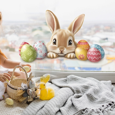Süße Osterhase Bunte Eier Fensteraufkleber PVC Dekorative Glasaufkleber Für Haus Balkon Feiertag Party Ornament