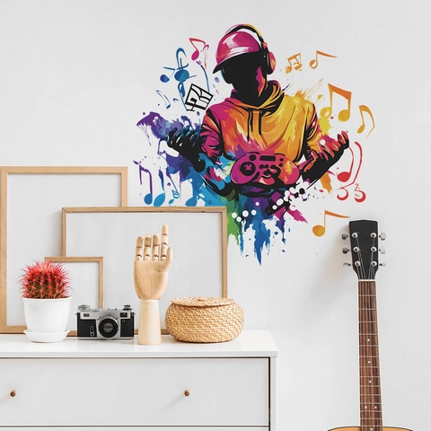 Adesivo da Parete Hip Hop Music Boy Gamer Silhouette Splat Graffiti Colorati Decalcomania in PVC per Camera da Letto Ragazzi Soggiorno Decorazione Domestica