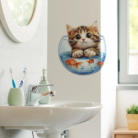 Pegatina De Pared Efecto Visual 3D Gato En Pecera Dibujos Animados Impermeable PVC Calcomanía Decorativa Cocina Baño