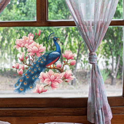 Peacock And Magnolia Flower Window Stickers Decorative Glass Decals For Living Room Balcony Chinese Style PVC Wall Stickers