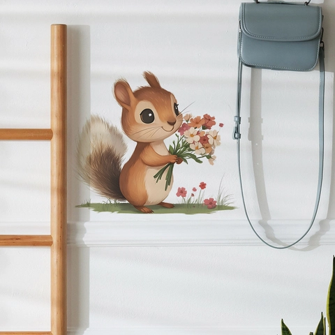 Vinilo de Pared Ardilla Dibujos Animados Ramo de Flores Calcomanía PVC Removible Para Habitación Niños Dormitorio Decoración Hogar