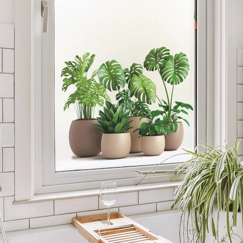 Green Potted Plants Wall Stickers PVC Monstera Leaf Removable Wall Decals For Living Room Bedroom Home Office Decor