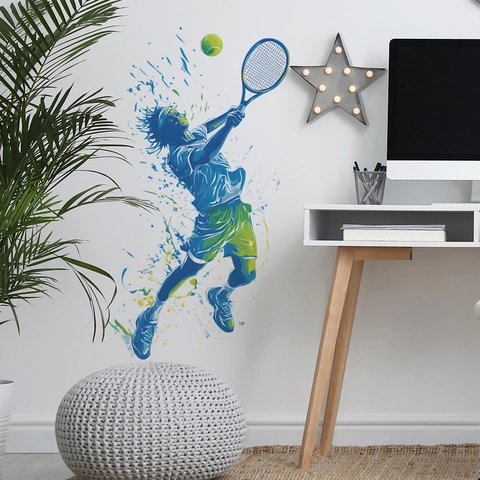Adesivo da Parete Silhouette Atleta di Tennis PVC Arte Splash Sport Decalcomania Decorativa per Soggiorno Camera da Letto