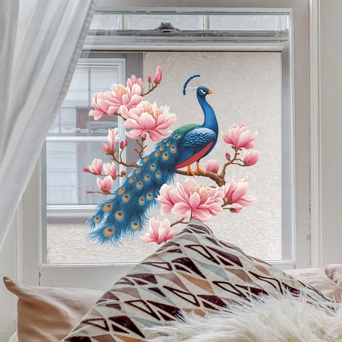 Peacock And Magnolia Flower Window Stickers Decorative Glass Decals For Living Room Balcony Chinese Style PVC Wall Stickers