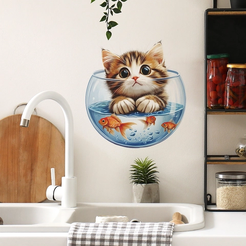 Pegatina De Pared Efecto Visual 3D Gato En Pecera Dibujos Animados Impermeable PVC Calcomanía Decorativa Cocina Baño