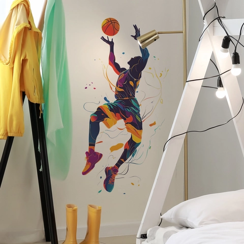 Abstract Colorful Basketball Player Dunk Wall Sticker PVC DIY Removable Art Decal For Sports Theme Bedroom Wall Decor