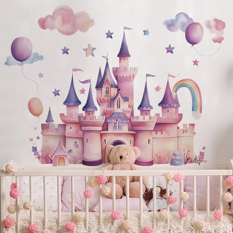 Watercolor Dreamy Castle Wall Sticker With Balloons Clouds Rainbow Stars Pink Purple PVC Removable Wall Decal For Kids Nursery Decor