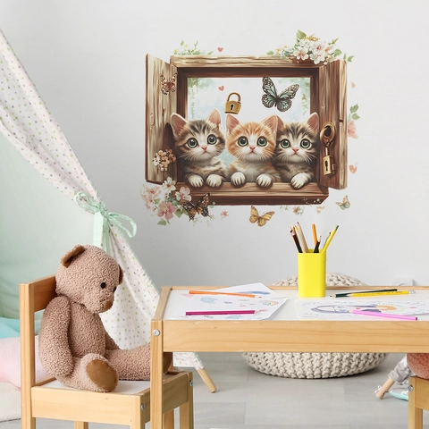 Pegatina de Pared 3D Falsa Ventana Gato Creativo Gatito Lindo PVC Mural Extraíble Calcomanía de Arte Para Dormitorio Infantil