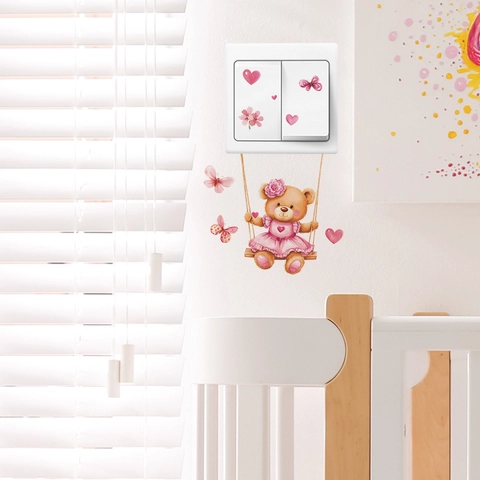 Adesivo da Parete Cartone Animato Orso Altalena Decorativo Cuore Rosa Farfalla Impermeabile PVC Per Camera Bambini