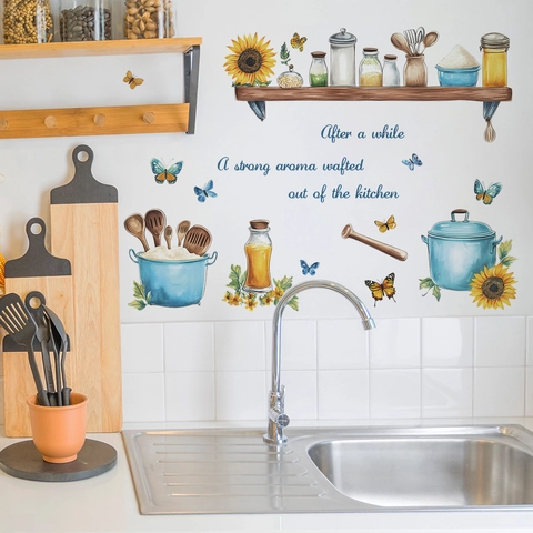 Watercolor Sunflower Kitchen Quote Wall Sticker PVC Removable Butterflies Pots Decorative Mural For Kitchen Dining Room Background
