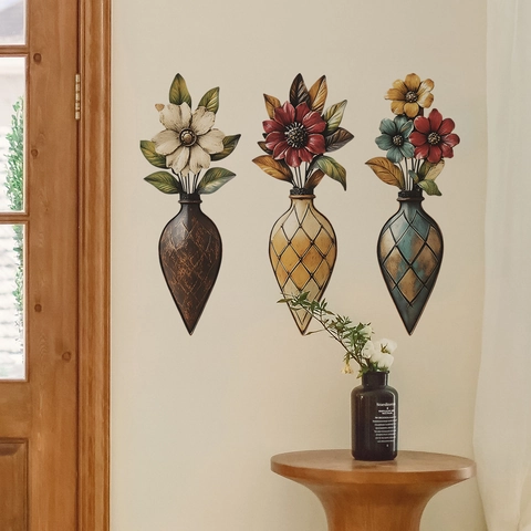 Adesivi Murali in PVC Con Vasi di Fiori Vintage Motivo Floreale Retrò Effetto Tridimensionale per Soggiorno Camera da Letto Casa