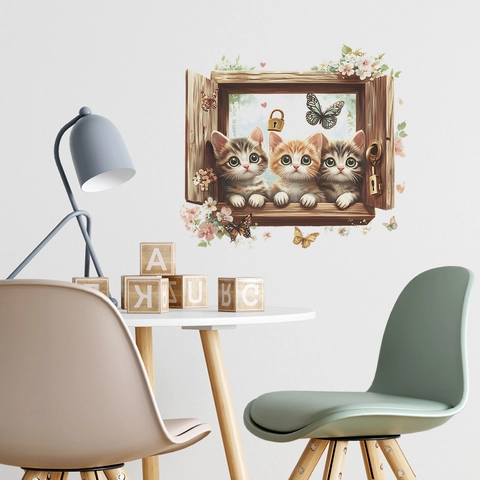 Pegatina de Pared 3D Falsa Ventana Gato Creativo Gatito Lindo PVC Mural Extraíble Calcomanía de Arte Para Dormitorio Infantil