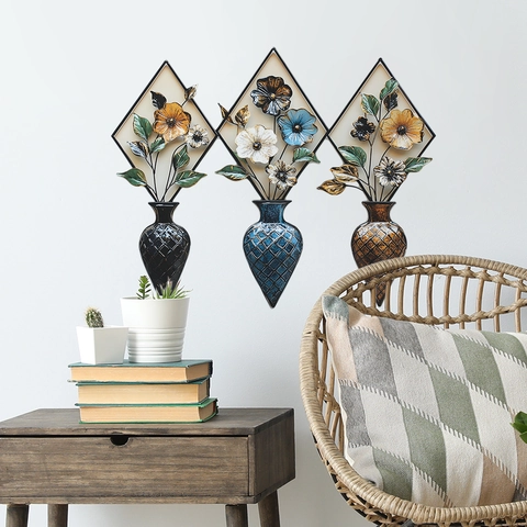 Adesivi Murali PVC a Forma di Vaso di Fiori a Simulazione Retrò Look Metallo Rombo Decalcomanie Floreali Per Soggiorno Camera da Letto Decorazioni Casa