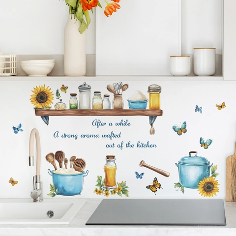Watercolor Sunflower Kitchen Quote Wall Sticker PVC Removable Butterflies Pots Decorative Mural For Kitchen Dining Room Background