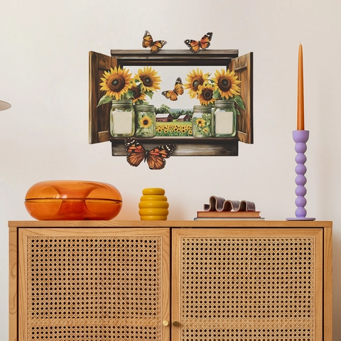Sticker Mural 3D Fausse Fenêtre Tournesol Papillon Paysage de Ferme PVC Amovible Auto Adhésif Décoration Pour Salon Maison