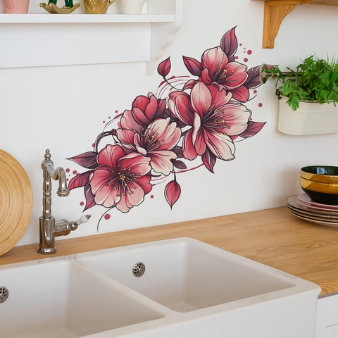 Levendige Kersenbloesem Bloem Muurstickers PVC Decoratieve Decals Voor Slaapkamer Woonkamer Keuken Koelkast Kast Home Decor