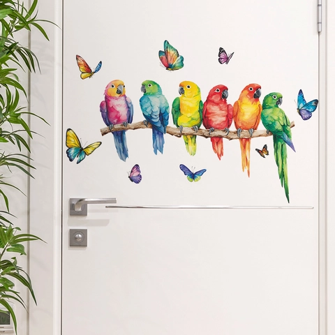 Watercolor Colorful Parrot Butterfly Branch Wall Stickers PVC Self Adhesive Wall Decals For Living Room Bedroom Home Background Decor