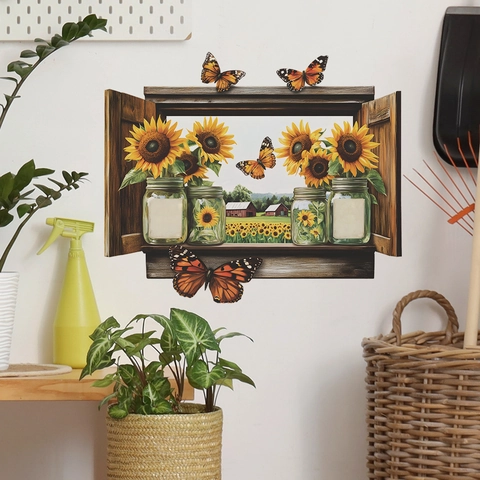 Sticker Mural 3D Fausse Fenêtre Tournesol Papillon Paysage de Ferme PVC Amovible Auto Adhésif Décoration Pour Salon Maison
