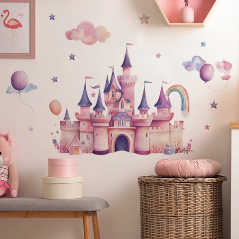 Watercolor Dreamy Castle Wall Sticker With Balloons Clouds Rainbow Stars Pink Purple PVC Removable Wall Decal For Kids Nursery Decor