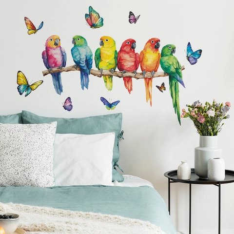 Watercolor Colorful Parrot Butterfly Branch Wall Stickers PVC Self Adhesive Wall Decals For Living Room Bedroom Home Background Decor