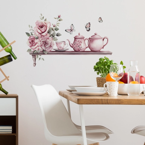 Aquarell Rose Teegeschirr Wandtattoo PVC Blumenaufkleber Für Küche Esszimmer Heimdekoration Abnehmbares DIY Wandbild