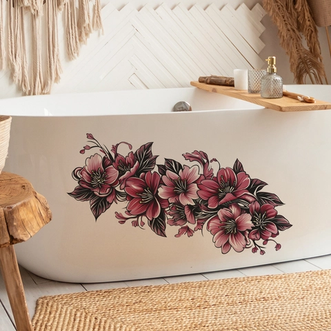 Florale Wandtattoo PVC Rosa Blume Wandaufkleber Für Badezimmer WC Zuhause Hintergrund Dekoration Wasserdicht Abnehmbar Kunst Wandbild