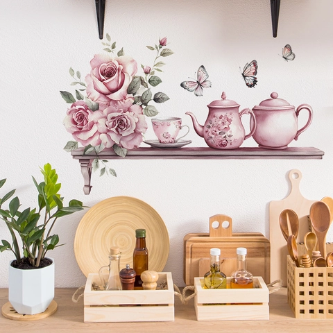Aquarell Rose Teegeschirr Wandtattoo PVC Blumenaufkleber Für Küche Esszimmer Heimdekoration Abnehmbares DIY Wandbild