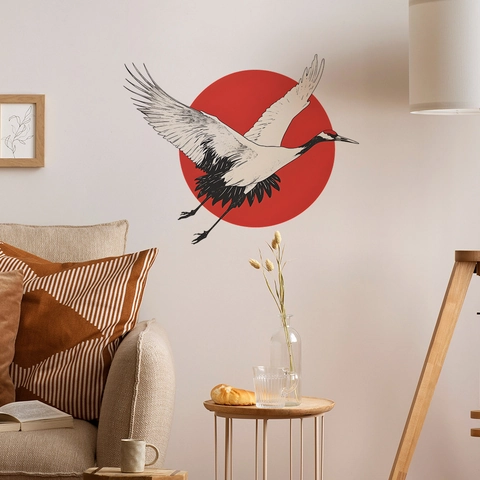 Pegatina de Pared Grulla Sol Rojo Estilo Japonés PVC Calcomanía Removible Decoración Hogar Mural Artístico para Sala de Estar Dormitorio
