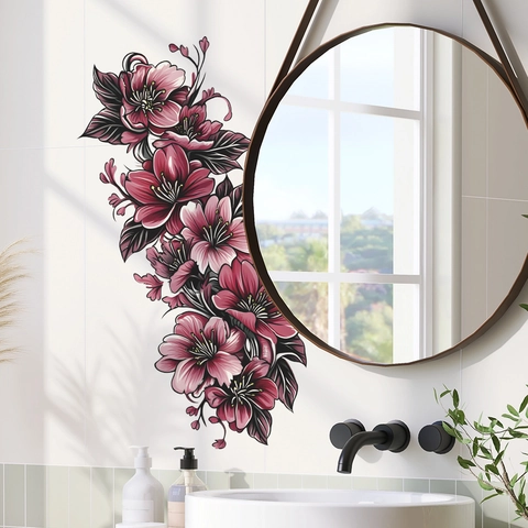 Florale Wandtattoo PVC Rosa Blume Wandaufkleber Für Badezimmer WC Zuhause Hintergrund Dekoration Wasserdicht Abnehmbar Kunst Wandbild