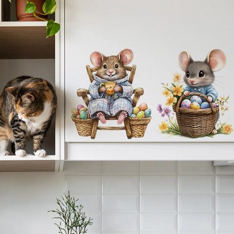 Cartoon Easter Mouse Easter Eggs Flower Basket Watercolor Wall Stickers PVC Removable Home Decor For Kids Room Nursery