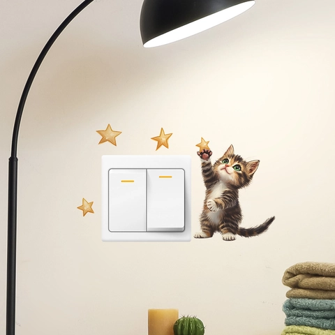 Creatieve Cartoon Kat Ster Muursticker PVC Zelfklevend Schakelaar Decor Voor Slaapkamer Woonkamer Huis Muursticker
