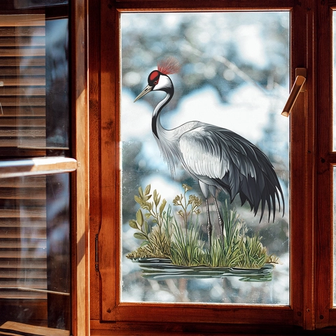Realistischer Mandschurenkranich Fensteraufkleber Statische Glas Dekofolie Halbtransparent PVC Natur Vogel Wandtattoo Wohnkultur