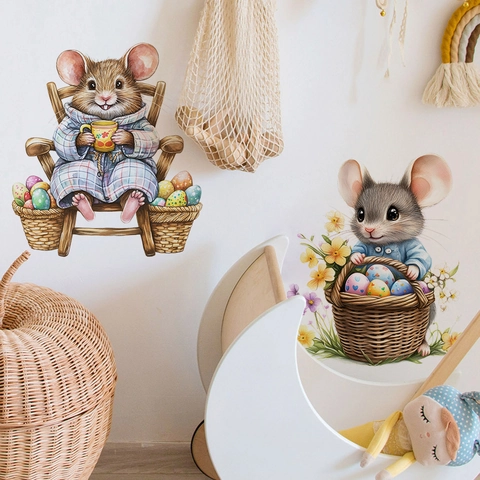 Cartoon Easter Mouse Easter Eggs Flower Basket Watercolor Wall Stickers PVC Removable Home Decor For Kids Room Nursery