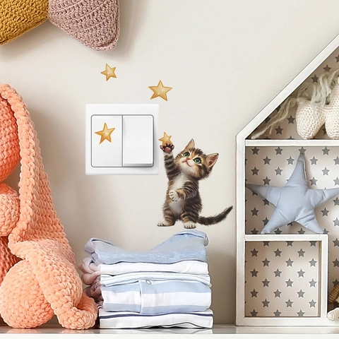 Creatieve Cartoon Kat Ster Muursticker PVC Zelfklevend Schakelaar Decor Voor Slaapkamer Woonkamer Huis Muursticker