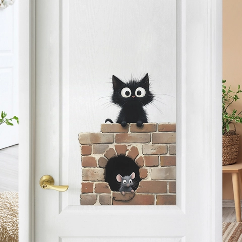 3D Cartoon Schwarze Katze Und Maus Wandtattoo Abnehmbare PVC Dekorative Aufkleber Für Schlafzimmer Wohnzimmer Home Decor