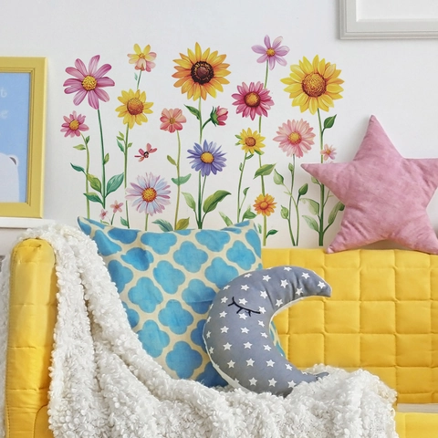 Sonnenblume Gänseblümchen Blumen Wandaufkleber PVC Selbstklebend Aquarell Blumen Wandtattoo Für Wohnzimmer Schlafzimmer Deko