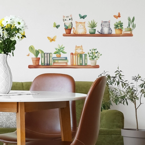 Aquarell Katze Pflanze Bücherregal Wandtattoo PVC Modern Cartoon Tier Dekorativ Aufkleber Für Schlafzimmer Wohnzimmer Wohnkultur