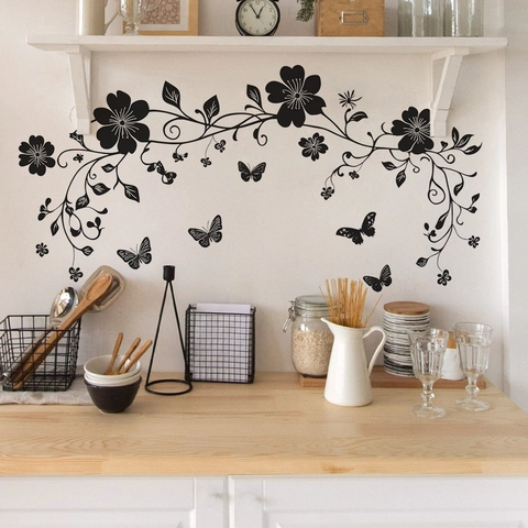 Black Flower Vine Butterfly Wall Decal Removable PVC Wall Sticker For Living Room Bedroom Home Decoration DIY Mural Art