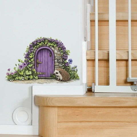 Cartoon Igel Lila Märchen Tür Wandaufkleber Blumenmuster Wasserdicht PVC Abnehmbar Dekor Für Kinderzimmer Wohnzimmer