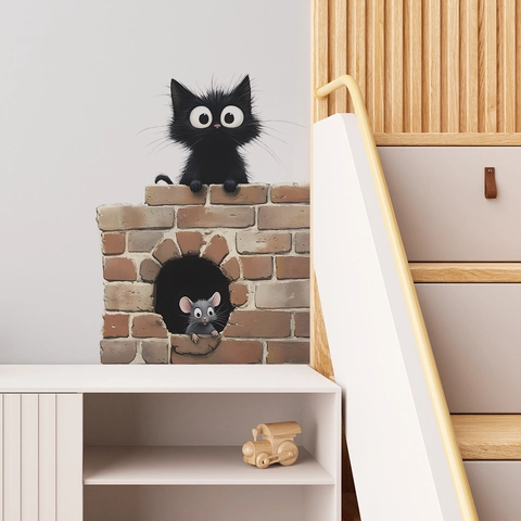 3D Cartoon Schwarze Katze Und Maus Wandtattoo Abnehmbare PVC Dekorative Aufkleber Für Schlafzimmer Wohnzimmer Home Decor