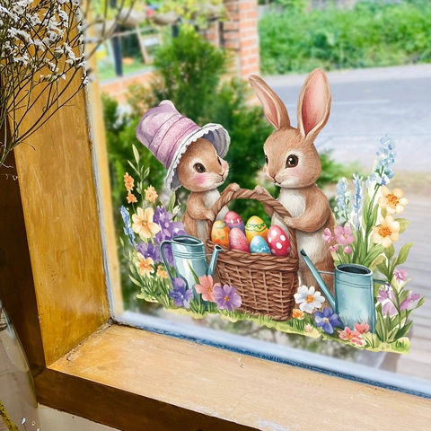 Adesivi per Finestre di Pasqua Acquerello Coniglio Uova Colorate Fiori PVC Adesivi in Vetro Rimovibili per Decorazione Casa