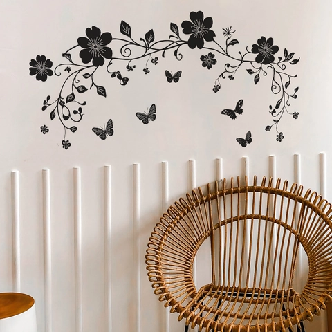 Black Flower Vine Butterfly Wall Decal Removable PVC Wall Sticker For Living Room Bedroom Home Decoration DIY Mural Art