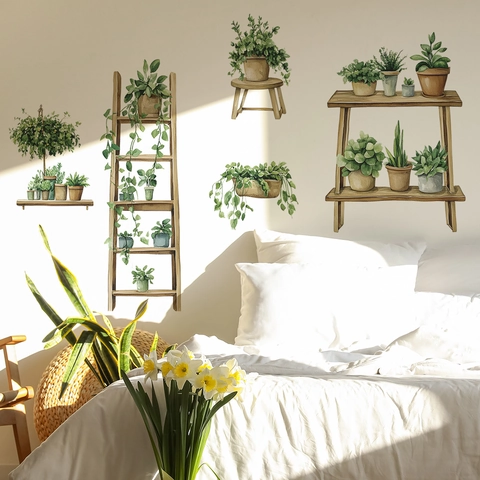 Watercolor Green Potted Plants Rack Wall Sticker Removable PVC Decal For Living Room Bedroom Background Home Decoration