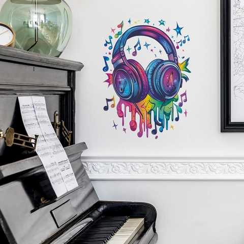 Colorful Artistic Headphone Musical Note Wall Sticker PVC Decorative Wall Decal For Living Room Bedroom Studio Home Decor