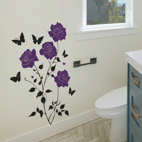 Modern PVC Lila Rose Schwarz Schmetterling Wandaufkleber Ästhetisch Bedruckt Floral Wandbild Für Wohnzimmer Schlafzimmer Home Dekoration