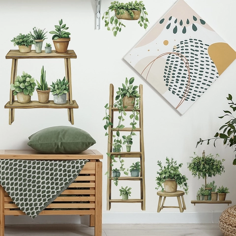 Watercolor Green Potted Plants Rack Wall Sticker Removable PVC Decal For Living Room Bedroom Background Home Decoration