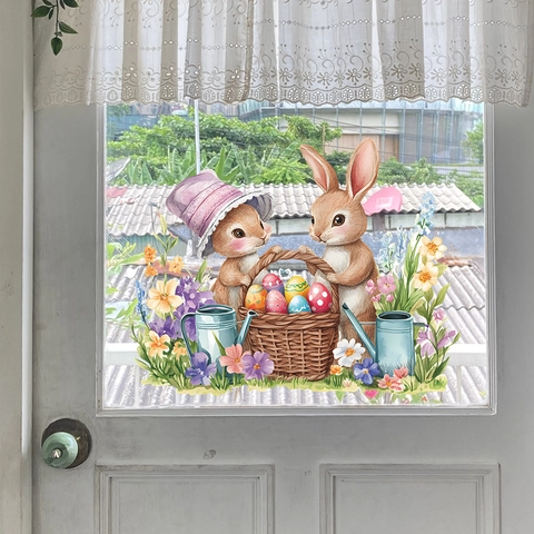 Adesivi per Finestre di Pasqua Acquerello Coniglio Uova Colorate Fiori PVC Adesivi in Vetro Rimovibili per Decorazione Casa