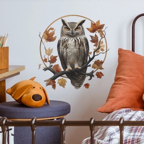Cartoon Owl Tree Branch PVC Wall Sticker Autumn Maple Leaf Circle Design Self Adhesive Decal For Home Living Room Decor