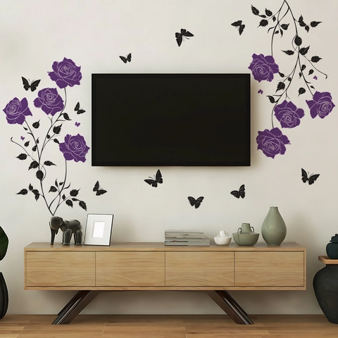 Modern PVC Lila Rose Schwarz Schmetterling Wandaufkleber Ästhetisch Bedruckt Floral Wandbild Für Wohnzimmer Schlafzimmer Home Dekoration